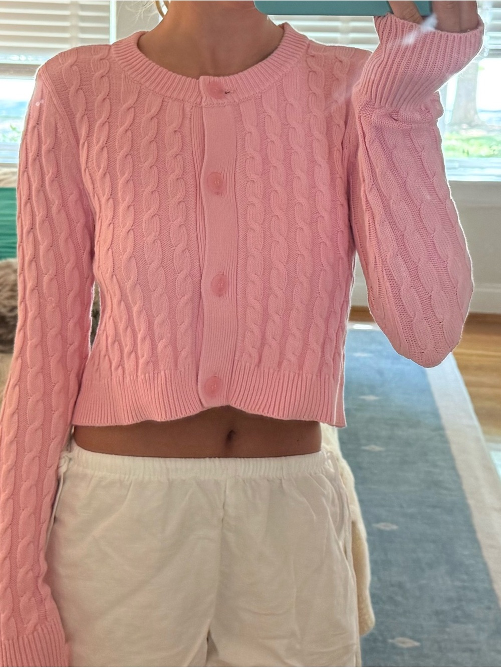 Pink Cable-Knit Cropped Cardigan Sweater
